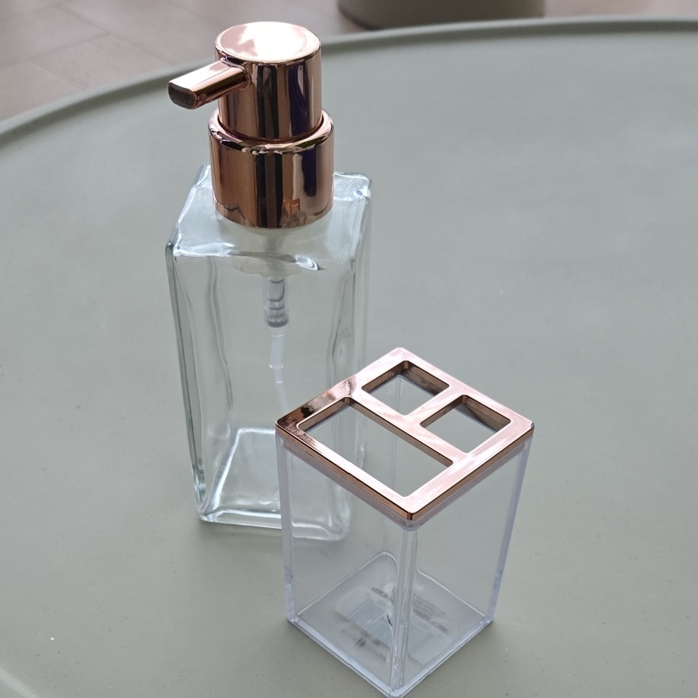 Rose Gold and Clear Glass Soap Dispenser Set